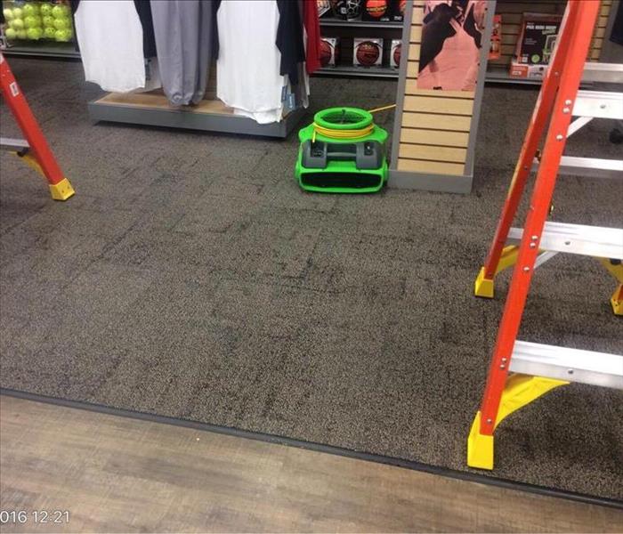 Water spot on carpeted floor with an air mover between two ladders