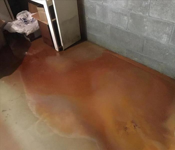 Rusty colored water on concrete floor in basement